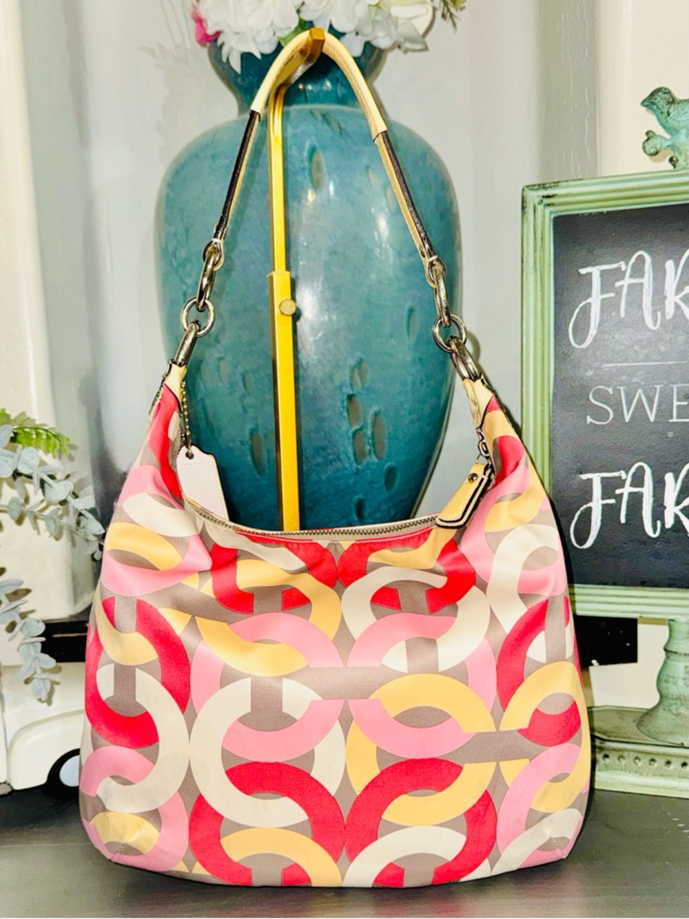 COACH Kristin Op Art Yellow Multicolor Satin Hobo Shoulder Bag 2013 #F22745 EUC - Picture 4 of 16
